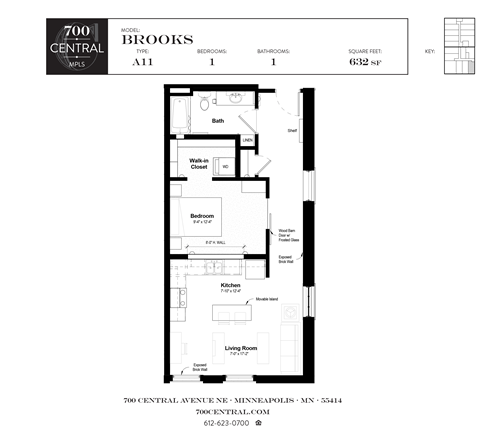 Floor plan for 1 bed, 1 bath, 632 sqft